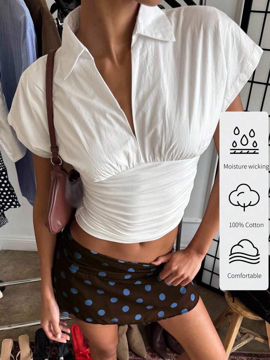 Aloruh Women's Spring/Summer Stand Collar V-Neck Solid White Fitted Short Sleeve Blouse Cinched Waist Top Ruched Top,Summer Top - White - View 1