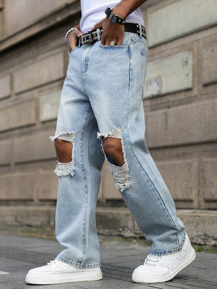 Manfinity EMRG Men's Distressed Straight Leg Jeans With Rhinestone Design, Streetwear Rugged Look - Light Wash - View 8