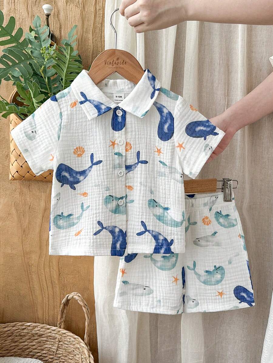 SHEIN Vintaside Kids 男婴海豚印花短袖衬衫和短裤休闲套装 - 藍色 - 查看 1