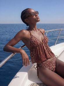 Maija 女士夏季沙滩豹纹吊带系带性感坦克背心泳衣套装 - 棕色 - 查看 1