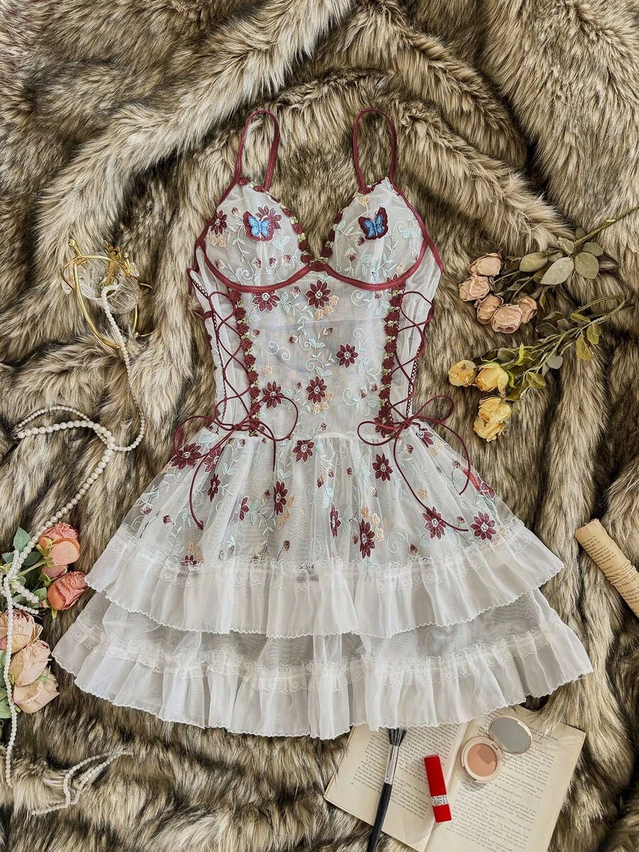 SHEIN 花卉刺绣拼接薄纱系带性感睡裙(女士款) - 白色 - 查看 1