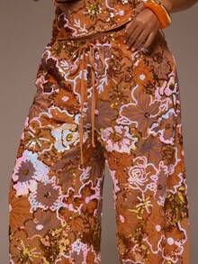 MUSERA Floral Sequin Embellished Wide Leg Pants Girly Spring Summer Vacation Night Out Cute Occassion Golden Sands - Orange - View 5