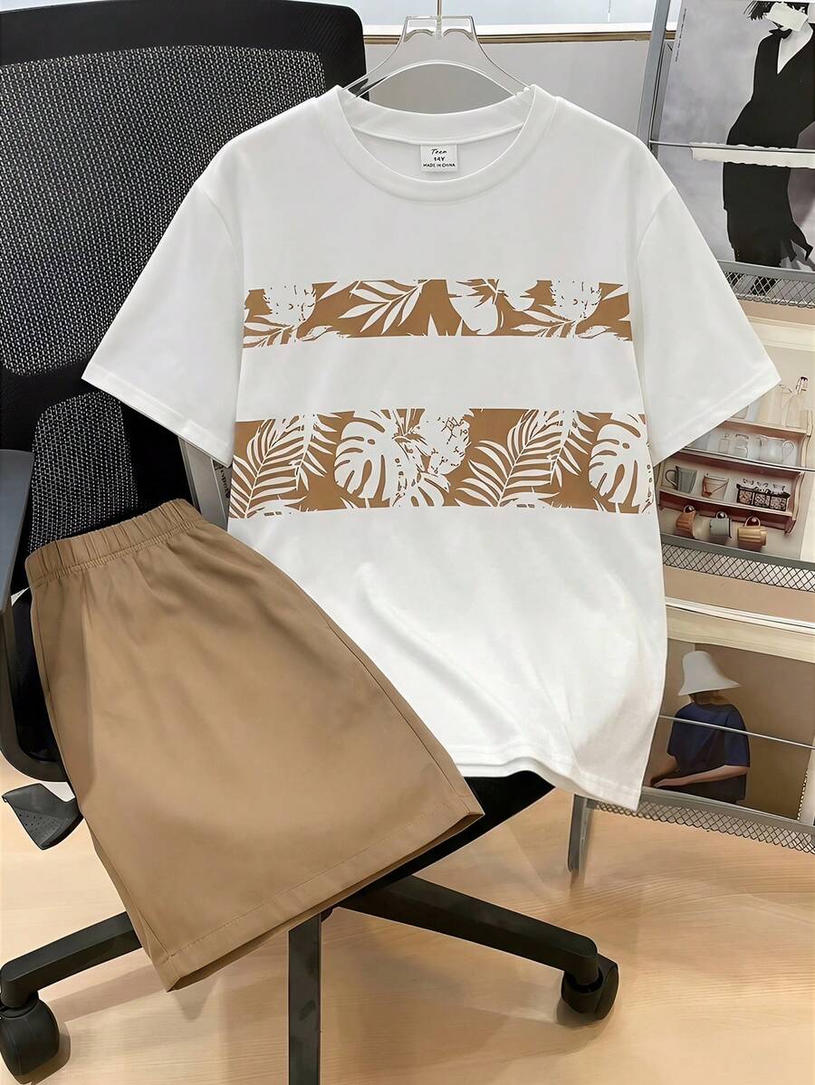 SHEIN 青少年男童休闲短袖短裤套装,街头朋克摇滚校园风穿搭,适合日常、派对、音乐节等场合,春夏皆宜,印花撞色设计 - 彩色 - 查看 1