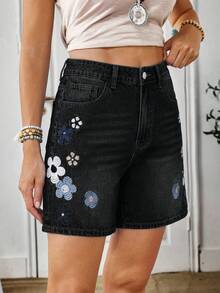EMERY ROSE Pantaloncini di jeans casual larghi con decorazione floreale e tasche per le donne - nero - Visualizzare 6