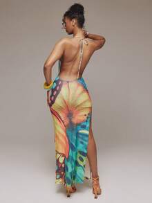 MUSERA Đầm maxi ôm sát in họa tiết, dáng suông, cổ đổ, thích hợp cho mùa xuân hè, lễ hội Ibiza, kỳ nghỉ, dễ thương, gợi cảm, phong cách Y2K, đi chơi đêm, câu lạc bộ, nhiệt đới, quyến rũ. - Nhiều màu - Xem 2