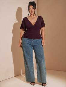 SHEIN BAE Große Größen V-Ausschnitt Kreuz-Design elegantes Sommer Mesh Top für Frauen, geraffte Taille Kurven Lässig für Date Night, Party, Urlaub, Y2k - Rot-violett - Übersicht 6