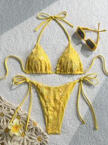Costavie Swim MOD 2-Piece Floral Sequin Textured Halter Bikini Set, Blue, For Spring/Summer Beach Vacation - Yellow - View 7
