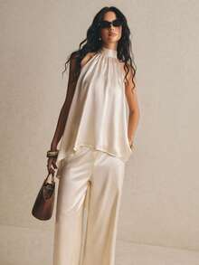 Poéselle Bộ 2 áo nữ bằng vải satin, cổ yếm, vạt bất đối xứng, màu trắng. - trắng - Xem 7