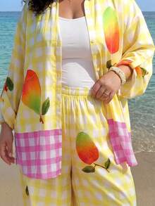 SHEIN CURVE+ Plus Size Summer Vacation Plaid Fruit Print Shirt And Pants 2 Pieces Set - Multicolor - View 7