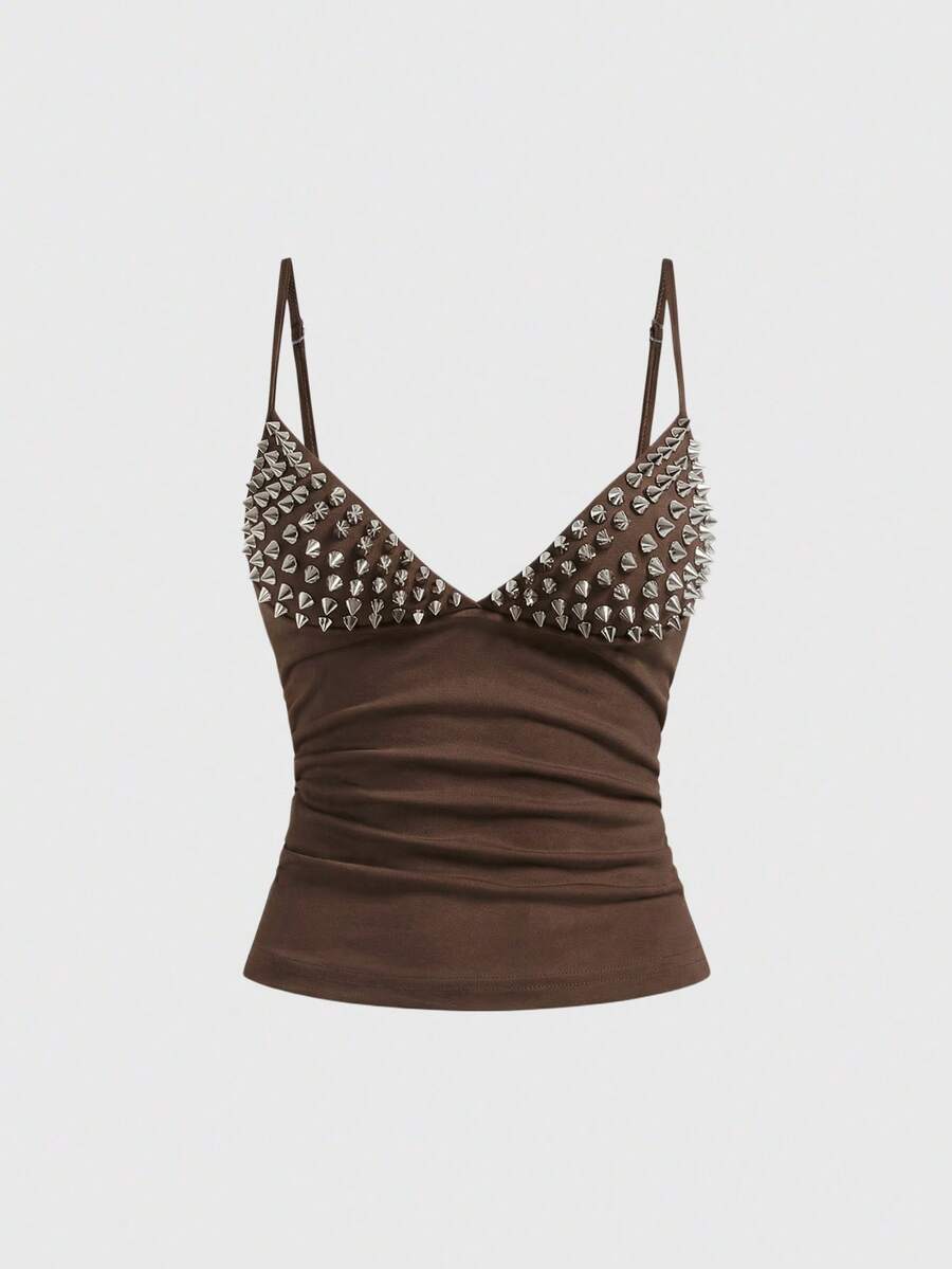 ROMWE Grunge Punk Sexy Halloween Dark Punk Rivet Patchwork Women Top - Brown - View 1