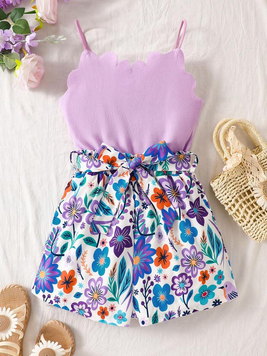 SHEIN Tween Girl Floral Print Curved Hem Camisole Romper - Purple - View 1