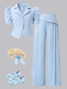 SHEIN 少女珍珠纽扣装饰外套和裤子套装，翻领开衫套装 - 藍色 - 查看 3