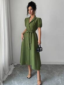 Elenzga 泡泡袖V领收腰A字裙优雅浪漫精致女士连衣裙 - 軍綠色 - 查看 6