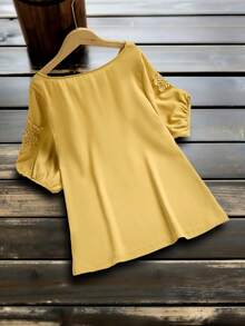 SHEIN Franclia 女士纯色圆领宽松休闲衬衫 - 黃色 - 查看 2
