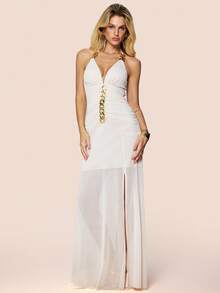 Olia Maree Women's Elegant Summer White Gold Halter Deep V-Neck Sheer Mesh Dress,Ruched Waist Gold Chain Decor Front Slit Hem,Party Night Formal Evening Dresses - Apricot - View 6