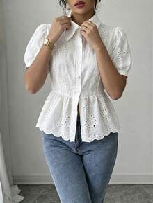 Rafferiza Áo kiểu công sở mùa hè thanh lịch dành cho nữ, tay áo xếp ly hình cánh hoa, viền bèo nhún. - trắng - Xem 4