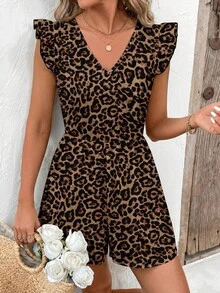 SHEIN Frenchy 女士休闲露背连体裤，蕾丝拼接，豹纹印花，夏季套装 - 彩色 - 查看 4