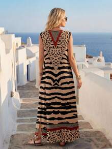 Vestido suelto de verano con cuello en V y estampado tropical de plantas para vacaciones en la playa - Multicolor 15 - Ver 2