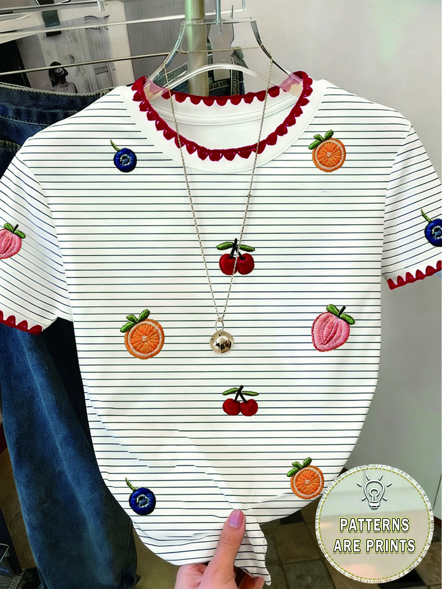 Resyla Women's Casual Striped Fruit Print T-Shirt/Summer - Multicolor - View 1