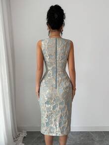 Elenzga Đầm nữ dáng lửng không tay, thắt eo, họa tiết hoa jacquard thanh lịch, cổ chữ V, kiểu dáng vintage 2026, trang trí bằng cúc kim loại ngọc trai và thiết kế xẻ tà, sang trọng kiểu Pháp, phù hợp cho phụ nữ từ 20-35 tuổi trở lên, thích hợp cho hẹn hò, dự tiệc, tiệc tối trang trọng và công sở (Họa tiết ngẫu nhiên). - Màu xanh lam - Xem 2