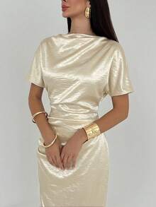 Aloruh Vestido largo elegante de mujer con cintura ceñida de unicolor - Beis - Ver 7