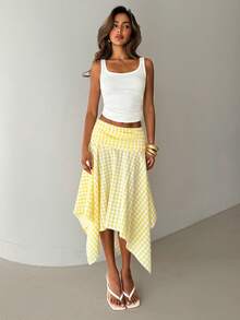 2026 Nuevo Falda midi a cuadros con bajo asimétrico, nuevo look primavera/verano para mujer, estilo retro Y2K - Amarillo - Ver 6