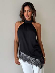 Aloruh Blusa de mujer con parches de encaje, bajo asimétrico en negro con ribete de satén y encaje - Sexy para blusas elegantes de mujer, blusas elegantes para mujer, atuendos casuales de negocios para mujer, atuendos casuales de negocios, atuendos casuales modestos, top de verano negro, top asimétrico negro, top con ribete de encaje - Negro - Ver 5