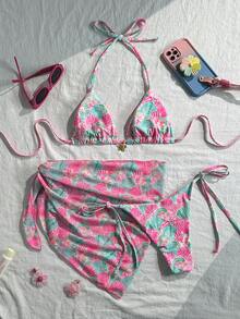 Swim Mod 女士沙滩夏季三件套：印花吊带上衣、侧系带比基尼泳裤和透明纯色纱笼裙，度假比基尼套装，Zestiva泳装，尊巴舞服装，斑马纹比基尼，Ytk服装，Zante假日服装，Yummy Control泳装 - 彩色 - 查看 2
