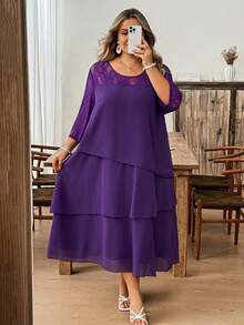 SHEIN CURVE+ 大码女式商务职业蓝色镂空袖蕾丝拼接荷叶边层叠中长连衣裙教师服教师裙秋季连衣裙蕾丝连衣裙四季皆宜 - 紫色 - 查看 6