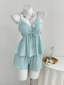 Elamini Summer Sexy Ruffle V-Neck Striped Camisole And Shorts 2 Pieces Set - Blue - View 3