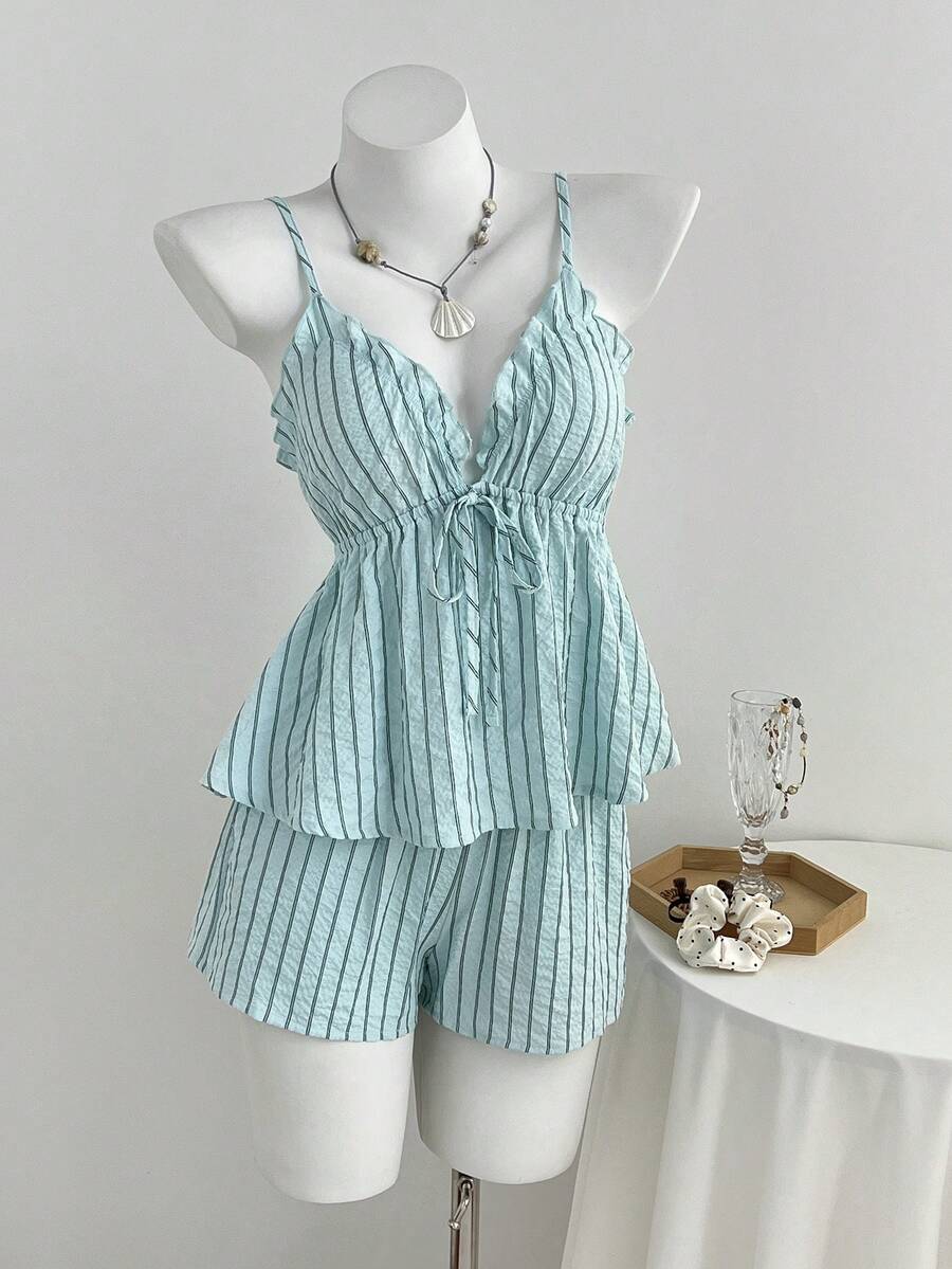 Elamini Summer Sexy Ruffle V-Neck Striped Camisole And Shorts 2 Pieces Set - Blue - View 1