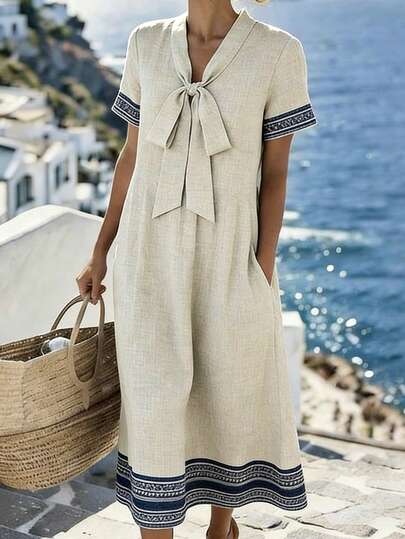 Louniche 标准尺码女士V领系带设计，袖口和下摆印花休闲度假中长连衣裙