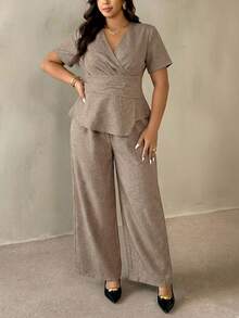 Auralis Elegant Brown Summer Formal Women Commuter Workwear Plus Size Two Piece Set,V-Neck Short Sleeve Wrap Blouse Straight Leg Pants Office Outfit Suit - Khaki - View 5