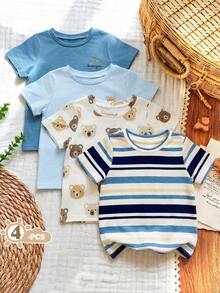买三送一，4件套男婴舒适百搭可爱条纹短袖T恤，休闲日常穿着，适合室内、室外、运动、聚会、拍照、度假、节日等场合，春夏皆宜。 - 彩色 - 查看 2