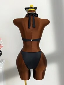 Bonvoyette ShapeWave-D 女士连体泳衣，黑色哑光面料，舒适塑形，交叉挂脖设计凸显迷人肩颈线条，胸前镂空设计搭配腰环，高开衩腿部剪裁，打造优美身形，是海岛度假和泳池派对的理想之选。 - 黑色 - 查看 2