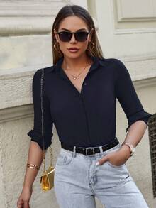 RueChic 100% Cotton Casual & Commuter Minimalist Solid Button Front Shirt - Navy Blue - View 1