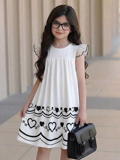 SHEIN Đầm tay ngắn in hình trái tim phong cách thường ngày mùa hè cho bé gái.