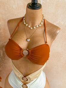 Soleia Women's Fashion Shell Metal Decor Halter Ruched One-Piece Swimsuit For Vacation Summer Beach - Multicolor - View 3