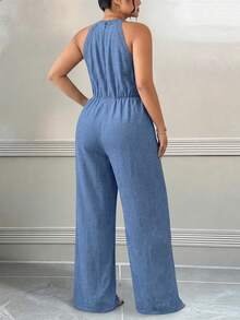 Elenzga Mono holgado de talla grande con cuello redondo, sin mangas, parches de encaje y unicolor - Azul - Ver 2