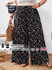 SHEIN CURVE+ Quần ống rộng cạp chun in họa tiết dành cho nữ cỡ lớn - màu đen - Xem 7