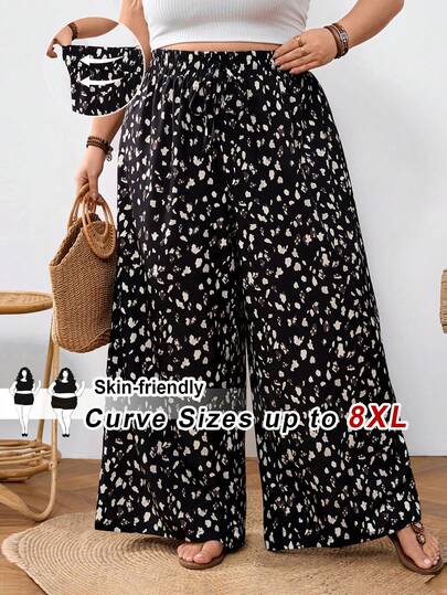 SHEIN CURVE+ Plus Size Women's Printed Drawstring Waist Wide Leg Pants