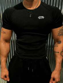 Manfinity Sport Corelite Men's Summer Letter Print Raglan Short Sleeve Black Slim Fit Sports T-Shirt - Black - View 3