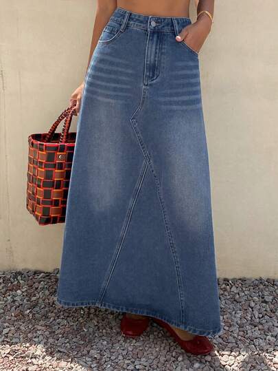 DAZY Váy denim dài cạp cao có túi dành cho nữ, kiểu dáng thường ngày.