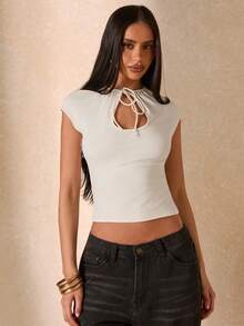 SHEIN BAE Women's Off-White Elegant Hollow Out Ruched Tight Fitting Blouse,Summer Casual Vacation Fashionable Outdoor Work Brunch Basic Essential Daily Top - White - View 7