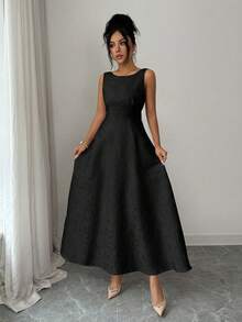 SHEIN Elenzya Đầm nữ Jacquard hở lưng thanh lịch dáng dài vừa, màu đen, thời trang khách mời đám cưới mùa hè, eo nhún, dáng chữ A, phong cách Pháp cổ điển, không tay, đầm tiệc - màu đen - Xem 7