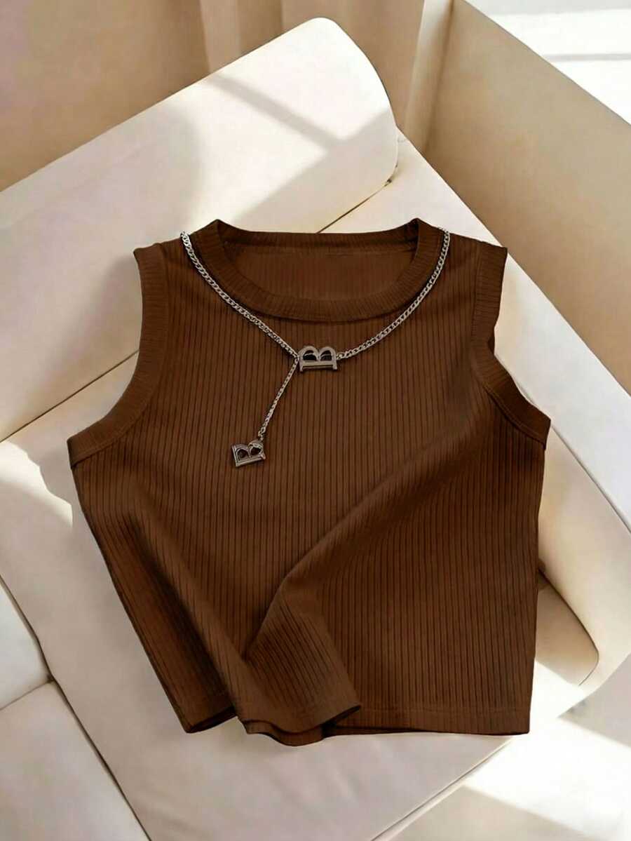 SHEIN 纯色罗纹针织背心 - 咖啡棕 - 查看 1