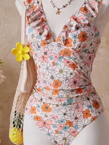 Swim Mod 1 件装热带碎花荷叶边露背连体泳衣夏季 - 彩色 - 查看 5