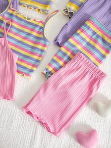 SHEIN 8pcs Young Girl Knitted Solid Striped Casual Camisole And Shorts Set - Multicolor - View 8