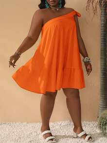 Slaydiva Plus Size Women Casual Vacation One Shoulder Ruffle Hem Dress - Orange - View 5