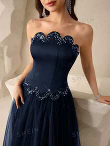 Coutiva Vestido de gala maxi de mujer con parches de malla con incrustaciones de diamante de imitación (bordado pesado) - Azul Marino - Ver 1